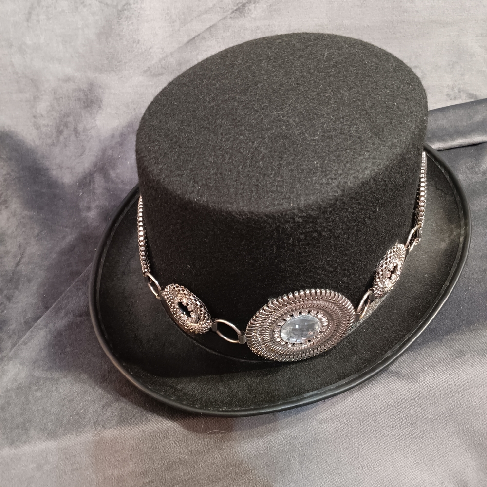 Elegant Black Top Hat with Silver and Jewel Accents - Derby Hat